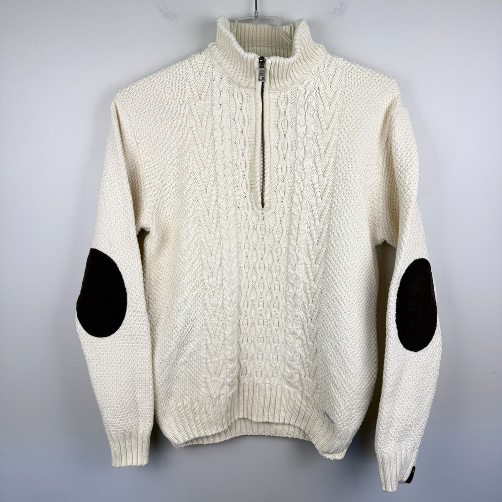 Vtg Blue Willi's Cable Knit Quarter Zip Sweater Men's S Ivory Fisherman Nordic